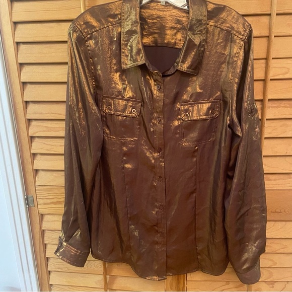 Calvin Klein Women’s Liquid Bronze Shimmer Metallic Button Down Shirt Size L Fun - Picture 14 of 15